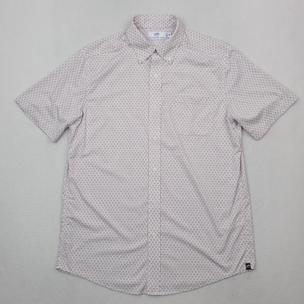 Southern Tide Shirt Mens Medium White Pink Geometric Floral Performance Golf Brr